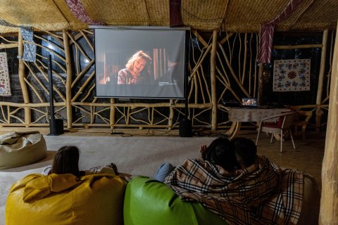 Mini cinema in the fireplace gazebo